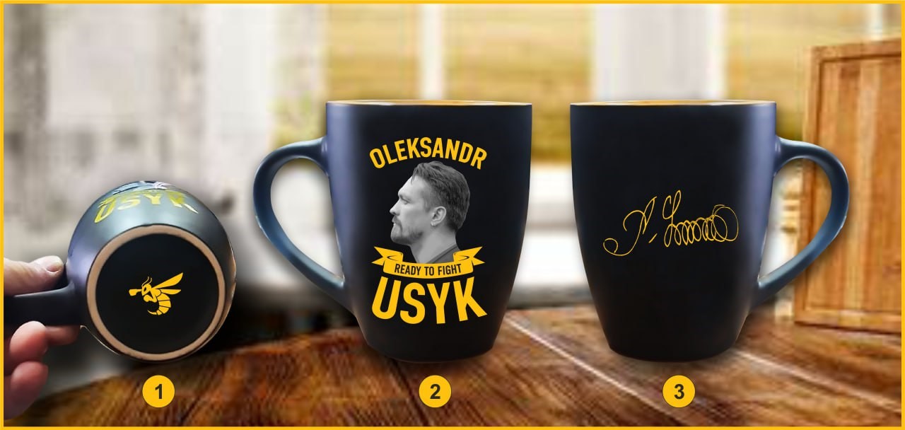 USYK and RTF Official Boxing Champion Coffee Mug, Ceramic Tea Cup, Black with Gold Design, Collectible Merchandise