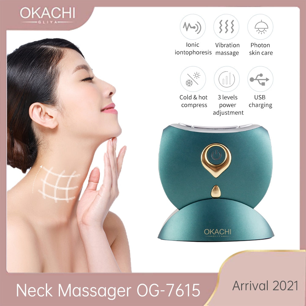 Neck Massager OKACHI GLIYA 2021 Arrival Facial Massage Skin Firming Wrinkle Removing Vibration Cold Hot Compress LED EMS Therapy