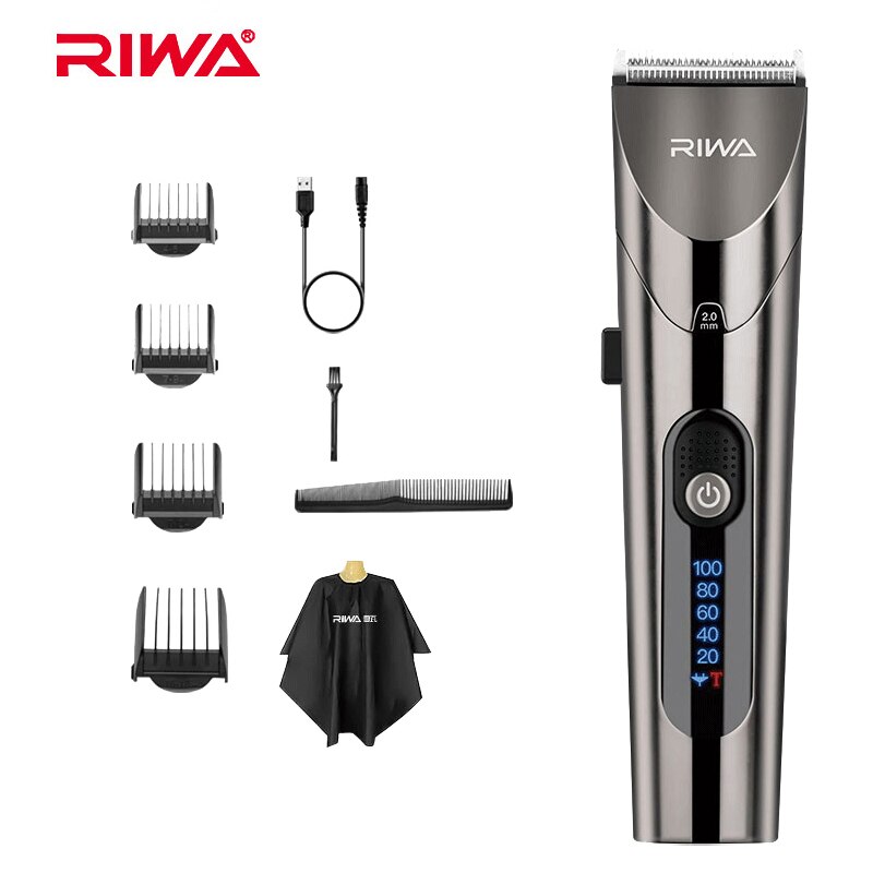 Riwa Electric Hair Clipper For Men Kids RE-6305 Grey Steel Blade Barber USB Rechargeable Washable Hair Trimmer With LED Screen