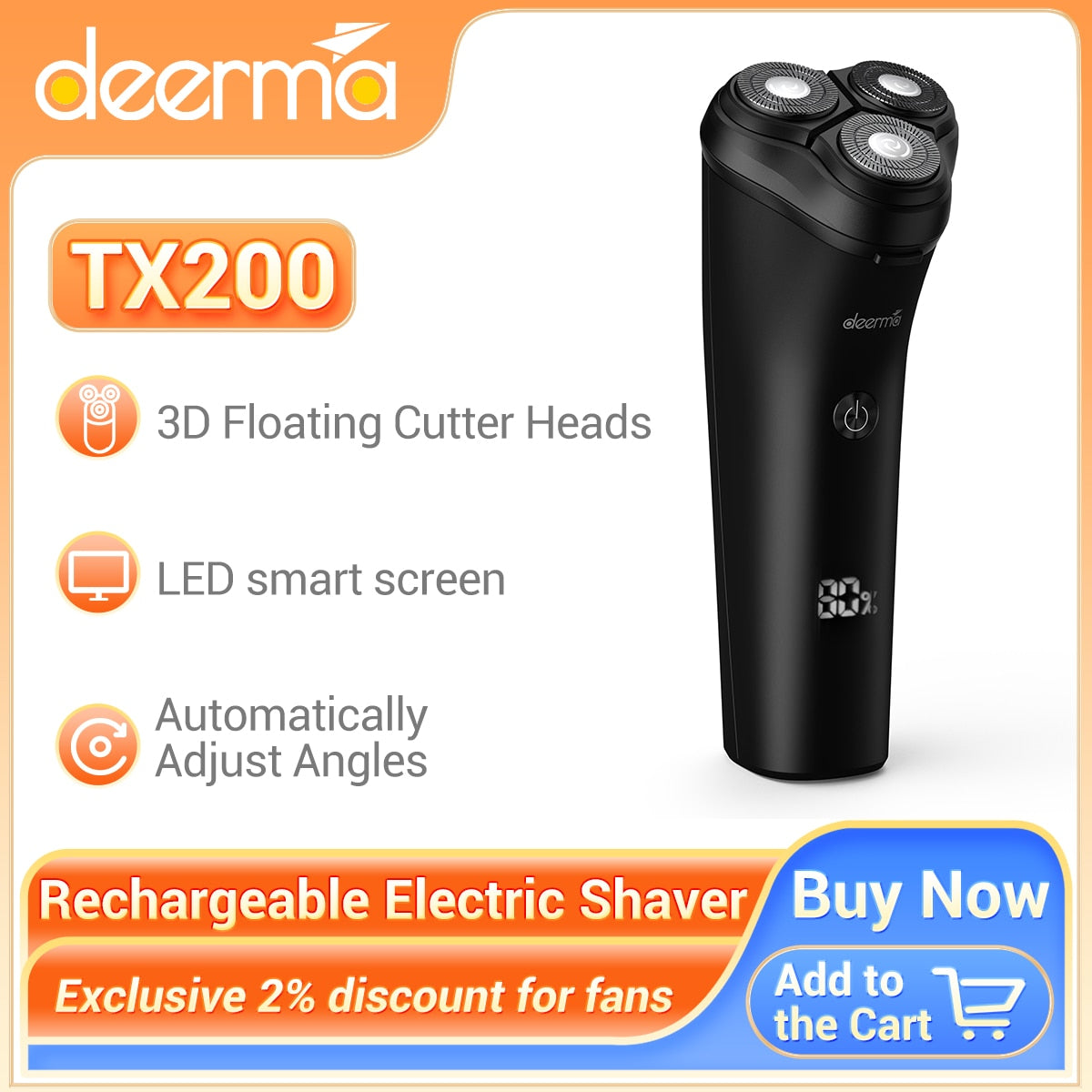 Deerma TX200 Rechargeable IPX7 Waterproof Electric Shaver Men's Rotary Shavers Electric Shaving Razors With LED Smart Screen