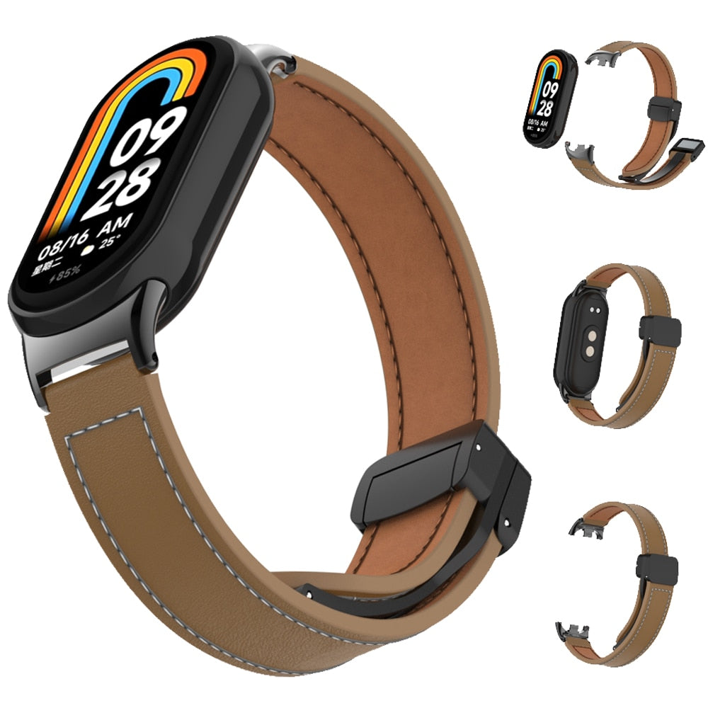 For Xiaomi Mi Band 8 Leather Strap Watch Magnetic Buckle Wristband for Miband 8 NFC Correa Watchband Bracelets Metal Interface