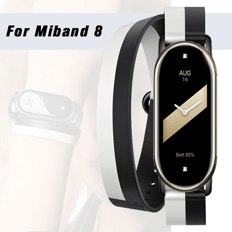 Original Fashion Leather Double Loop Strap for Xiaomi Mi Band 8 Bracelet Replacement Wristband for Miband 8 NFC Metal Connectors