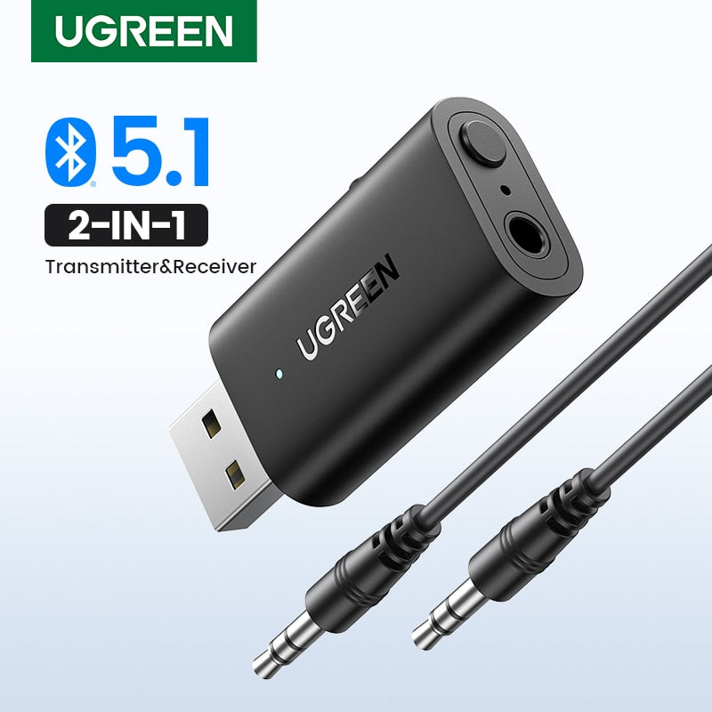 UGREEN 2 in 1 Bluetooth Car Adapter Bluetooth 5.1 Stereo Transmitter Receiver Wireless 3.5mm Aux Jack Adapter Car Kit Mic